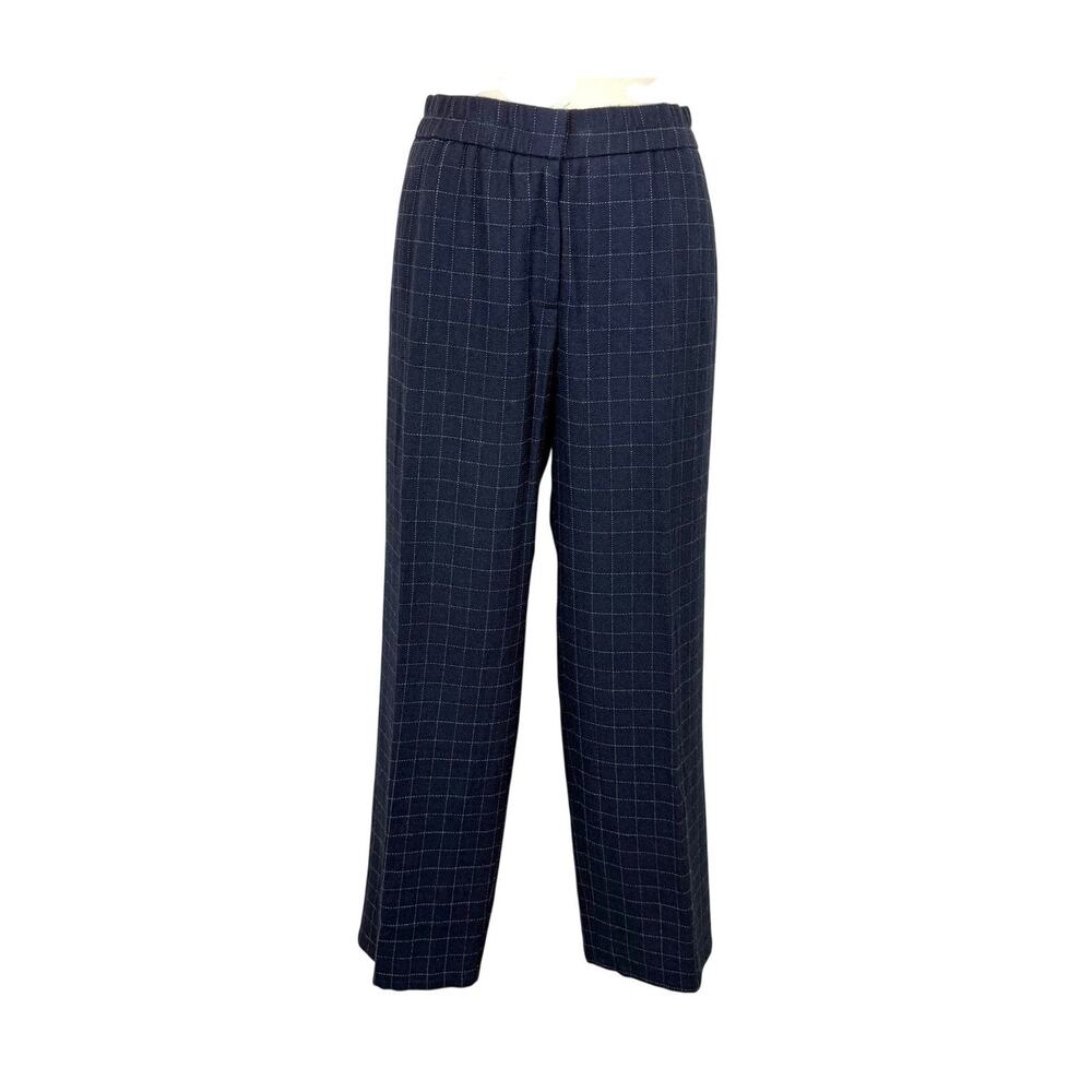 Eileen Fisher Tussah Silk Plaid Pants M Dark Blue NWT Slubby Ankle Wide Leg